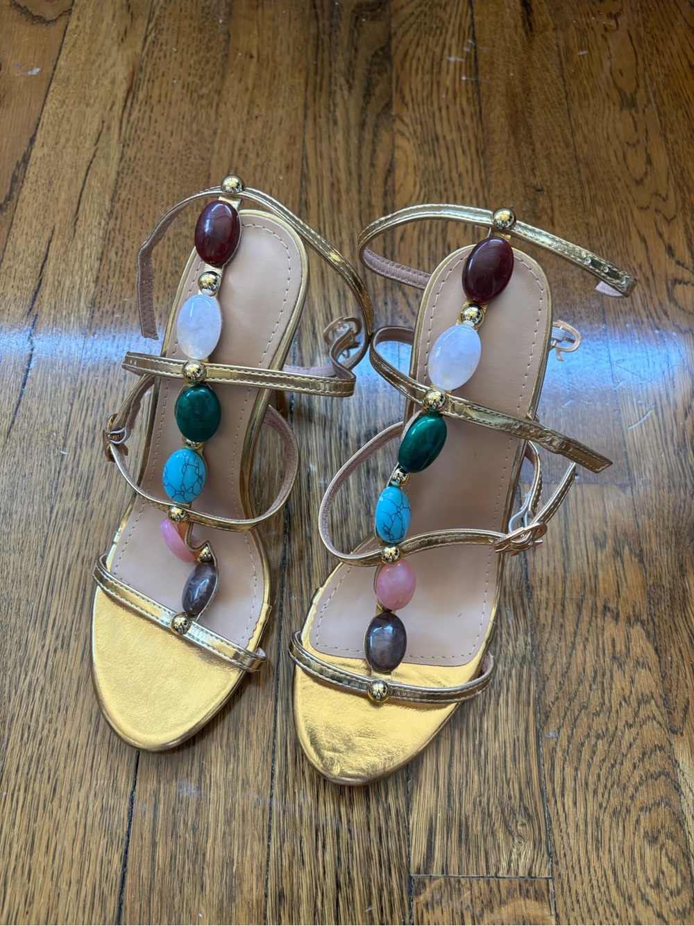 Gold Strappy Heels with Gemstone Detail